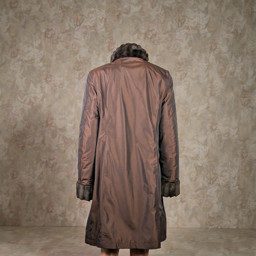Gallery Women's Brown Taffeta Coat With Faux Fur Lining size 0X Vintage - Picture 3 of 6